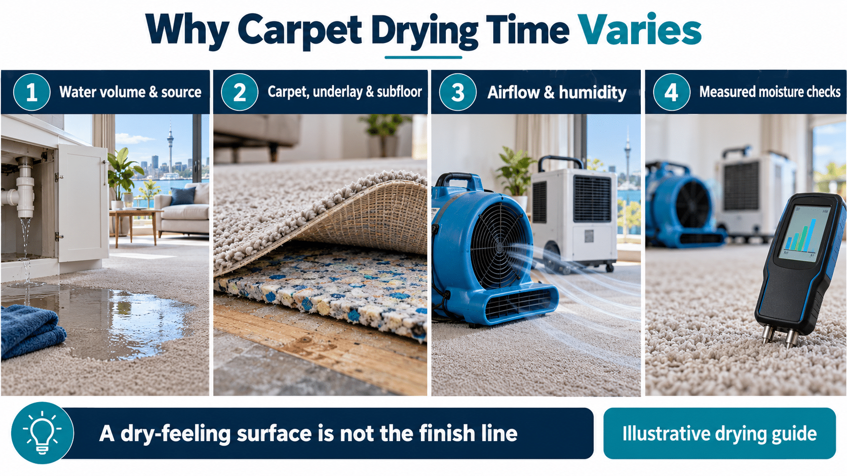 Illustrative guide to factors affecting flooded-carpet drying: water volume and source, carpet underlay and subfloor, airflow and humidity, and measured moisture checks