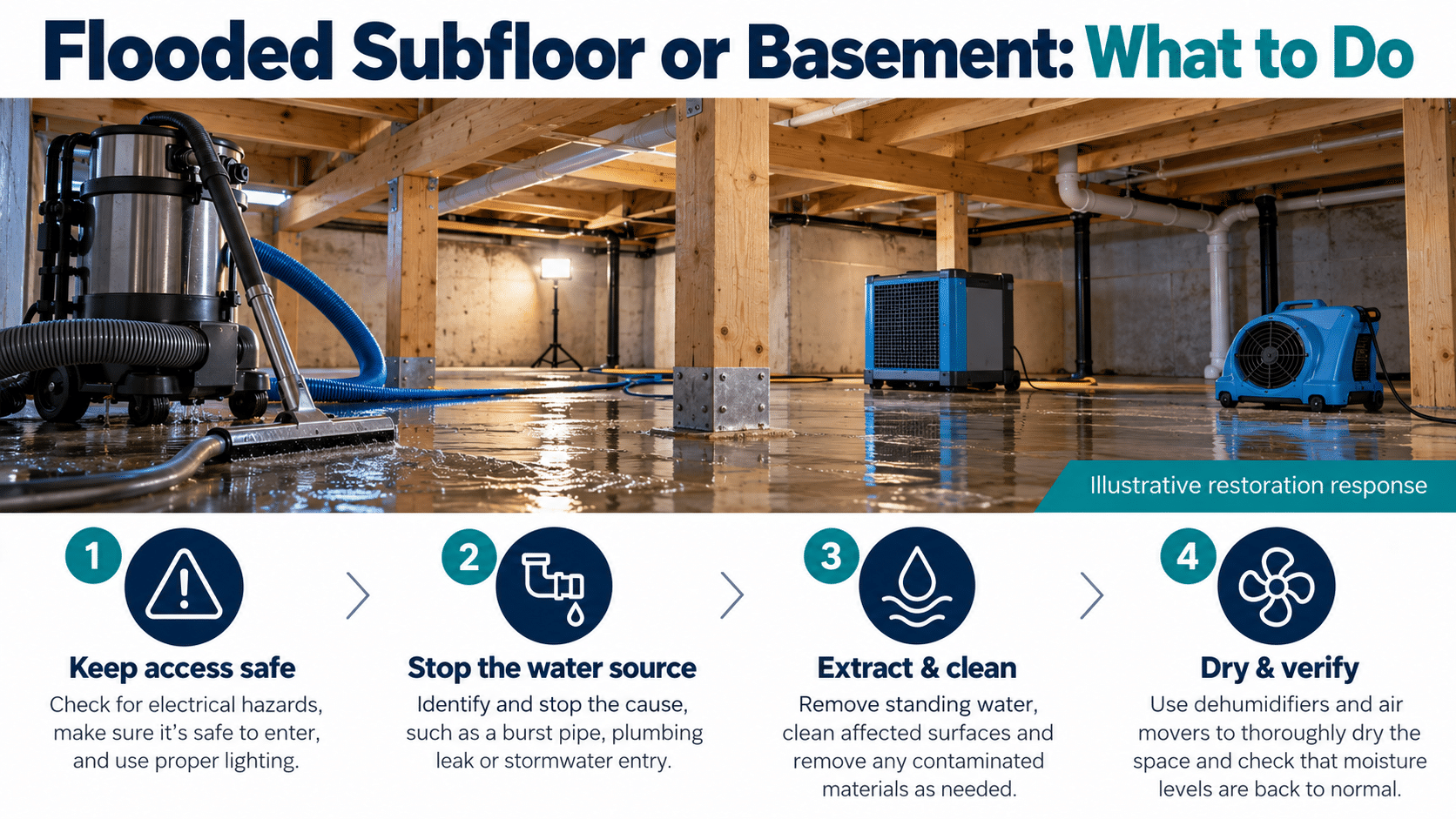 Illustrative flooded subfloor and basement restoration response showing extraction and drying equipment