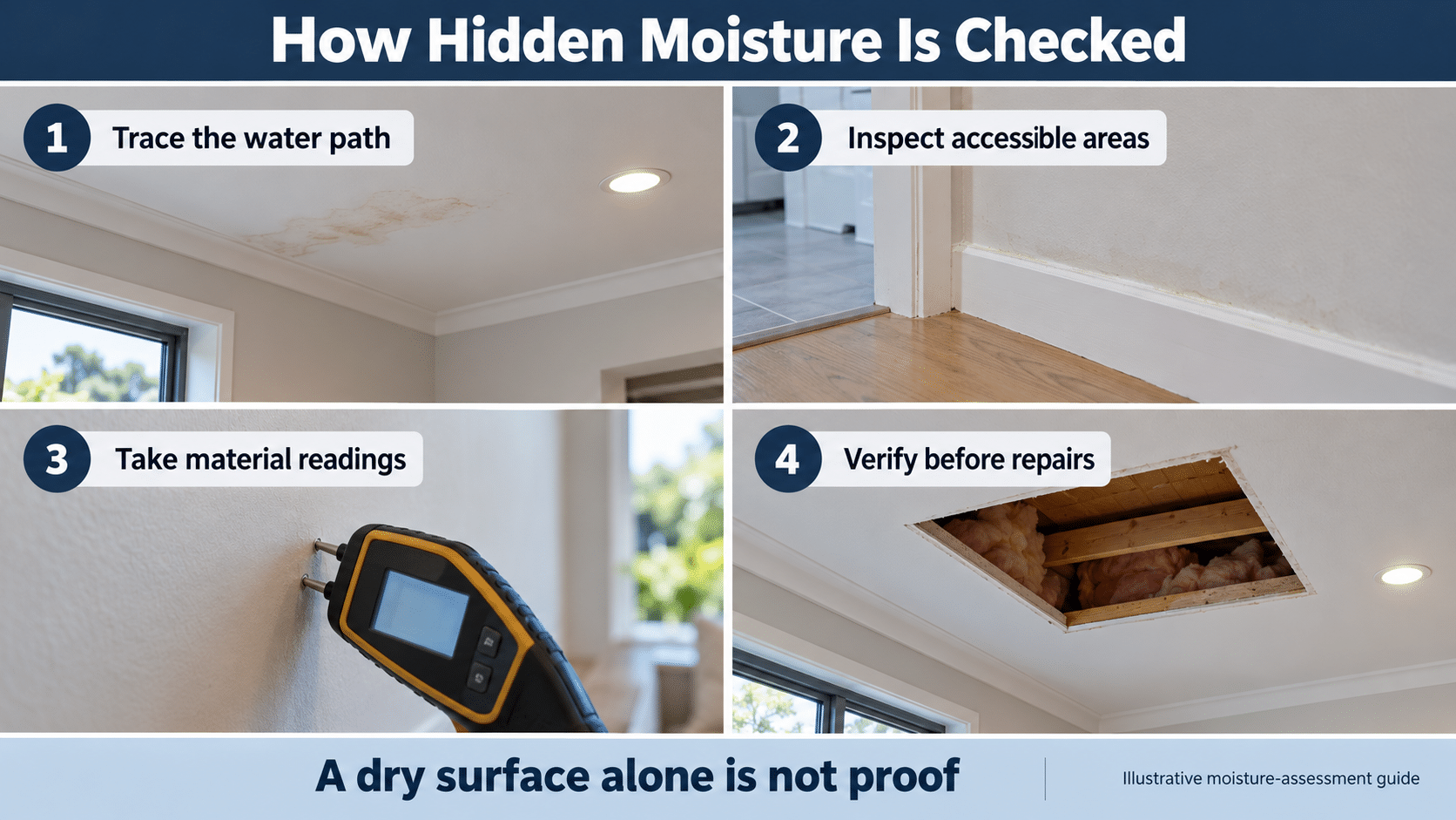 Illustrative guide to checking hidden moisture: trace water path, inspect accessible areas, take material readings and verify before repairs