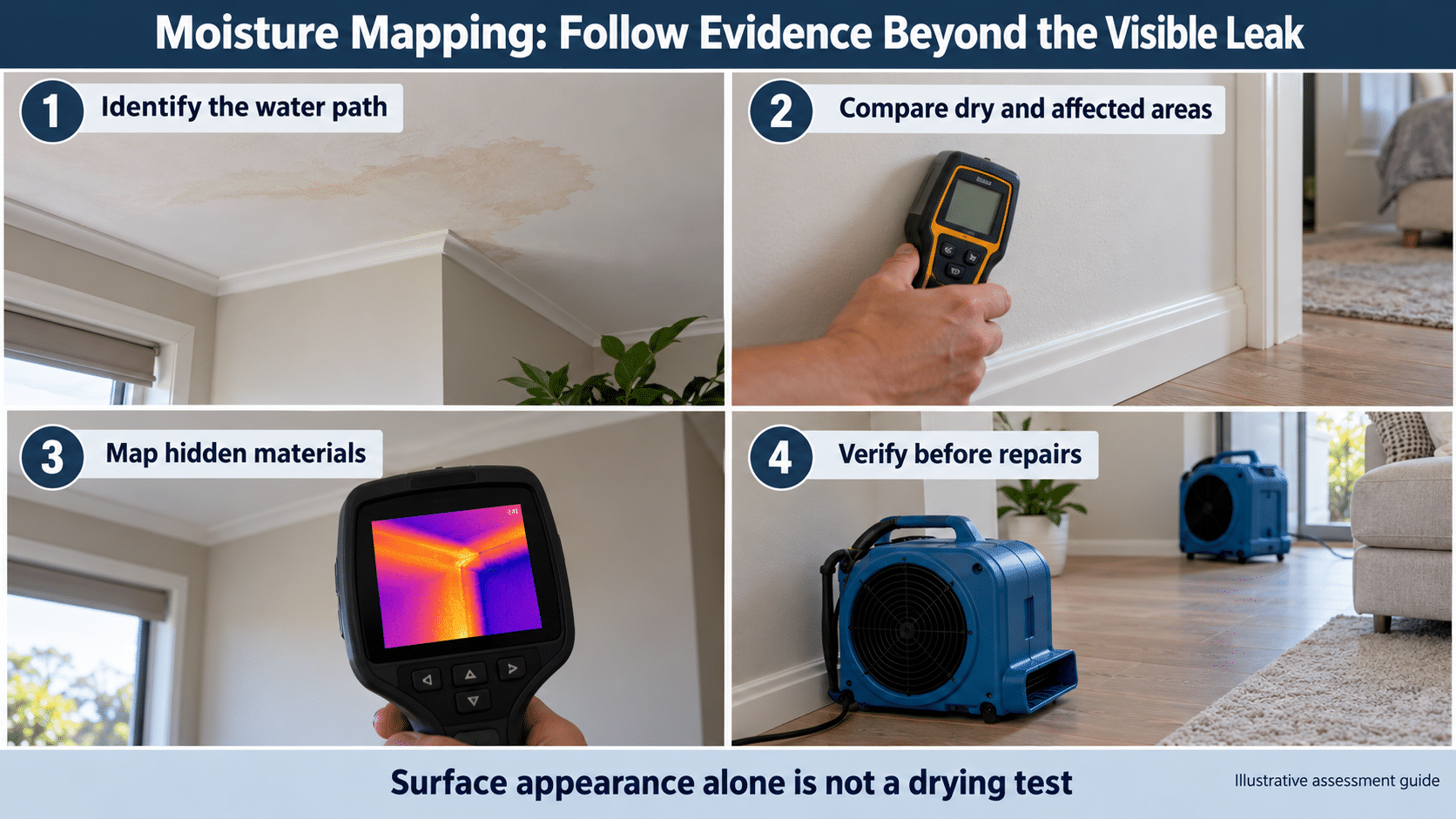 Illustrative moisture-mapping guide showing water-path tracing, dry-area comparison, hidden-material checks and verification before repairs