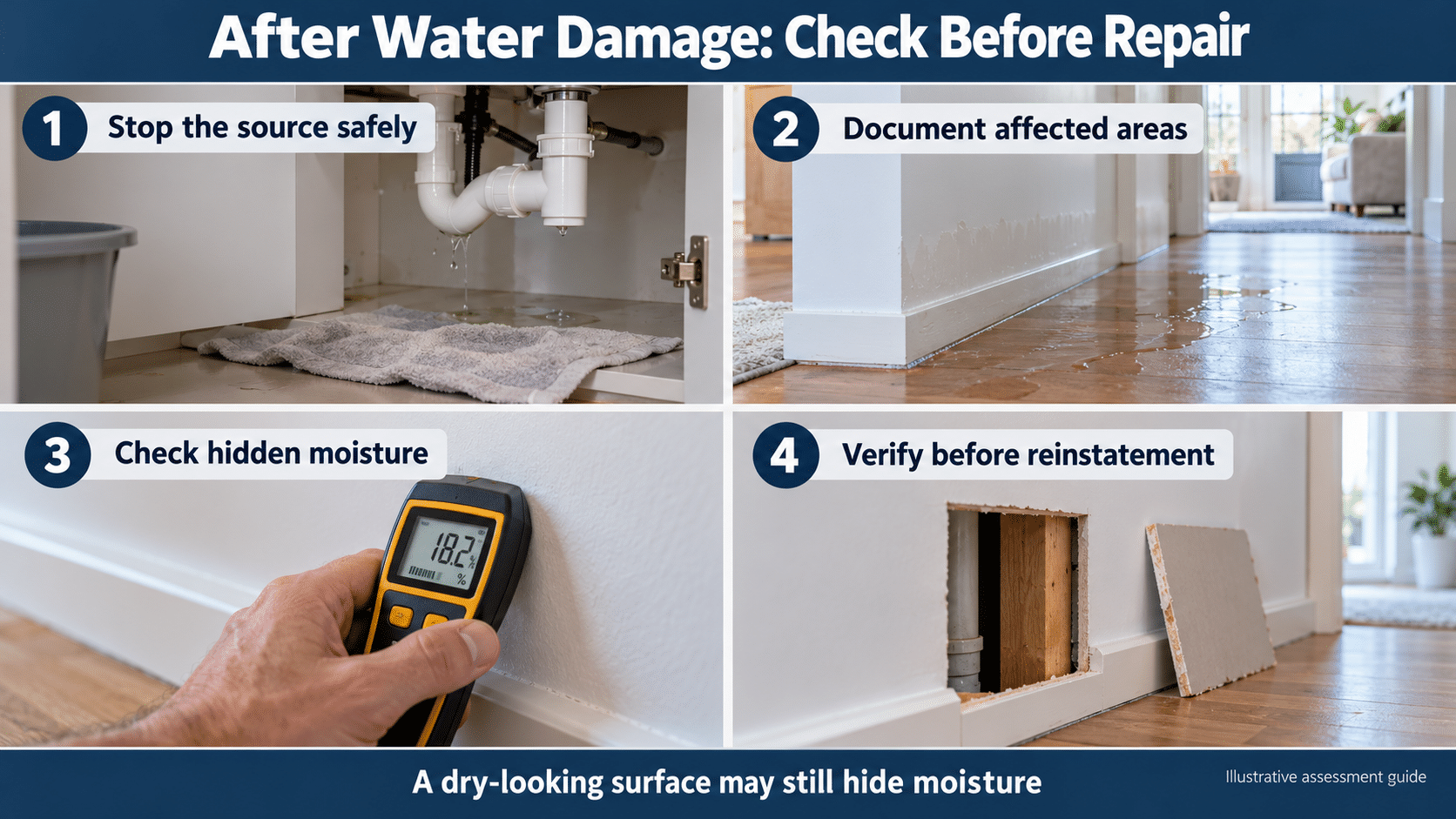 Illustrative water-damage assessment guide: stop the source safely, document affected areas, check hidden moisture and verify before reinstatement