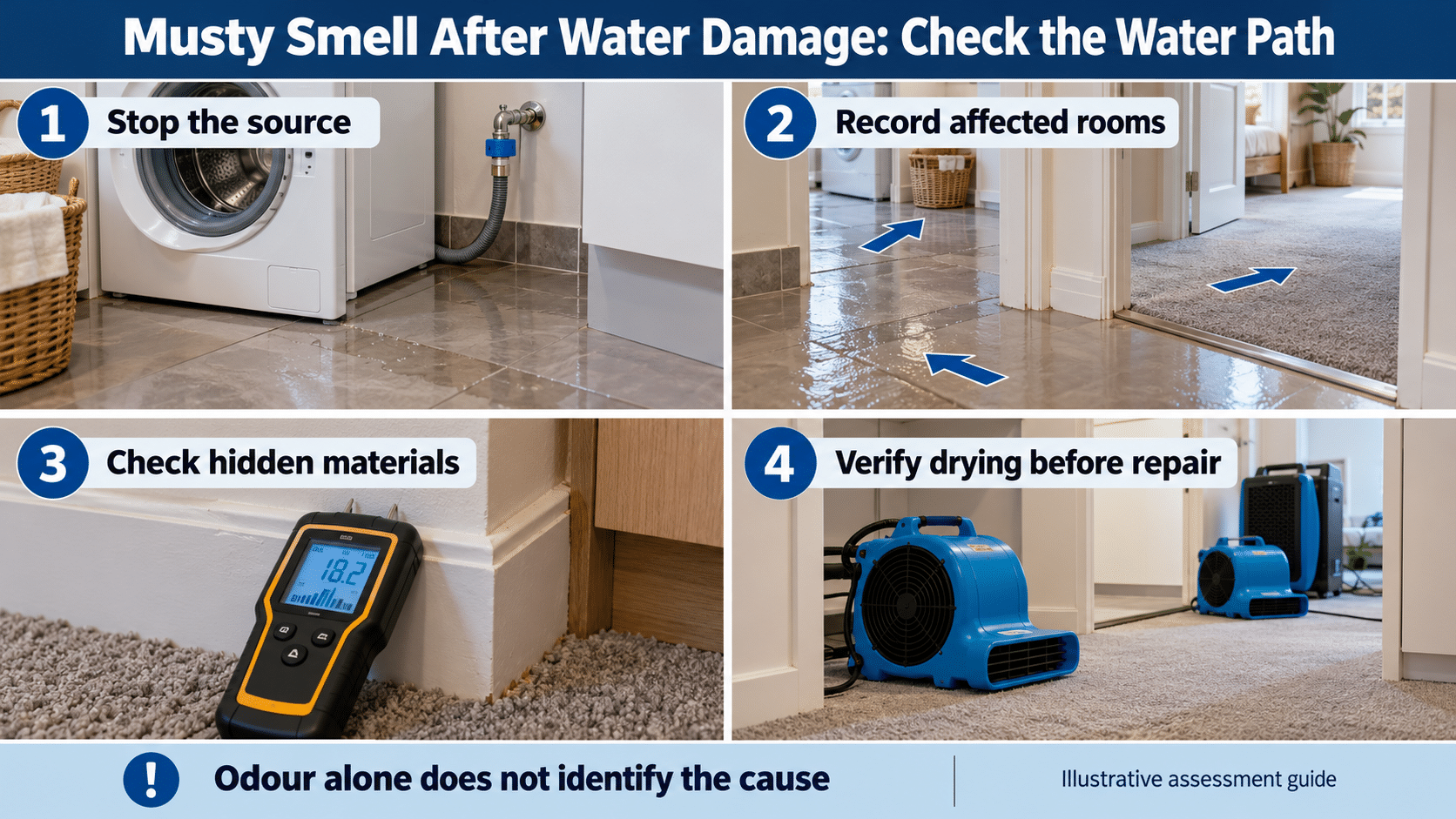 Illustrative water-damage assessment guide showing source control, affected-room documentation, hidden-material checks and drying verification