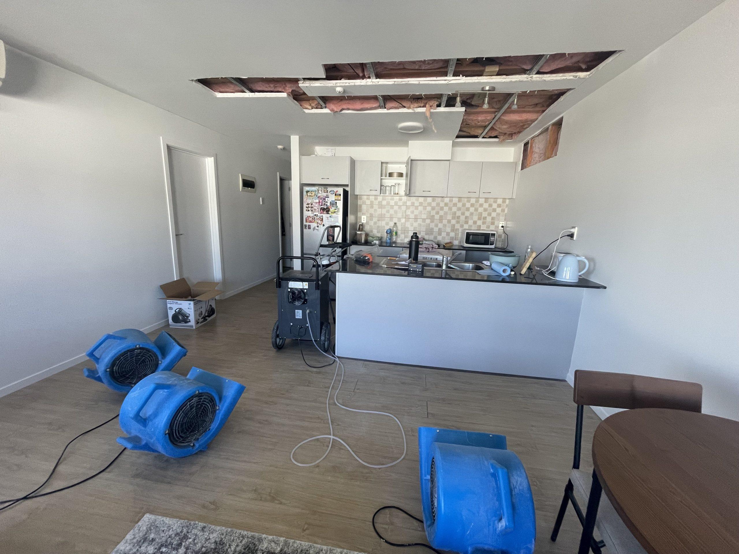 Commercial dehumidifier and air movers drying a Onehunga kitchen after a ceiling pipe leak