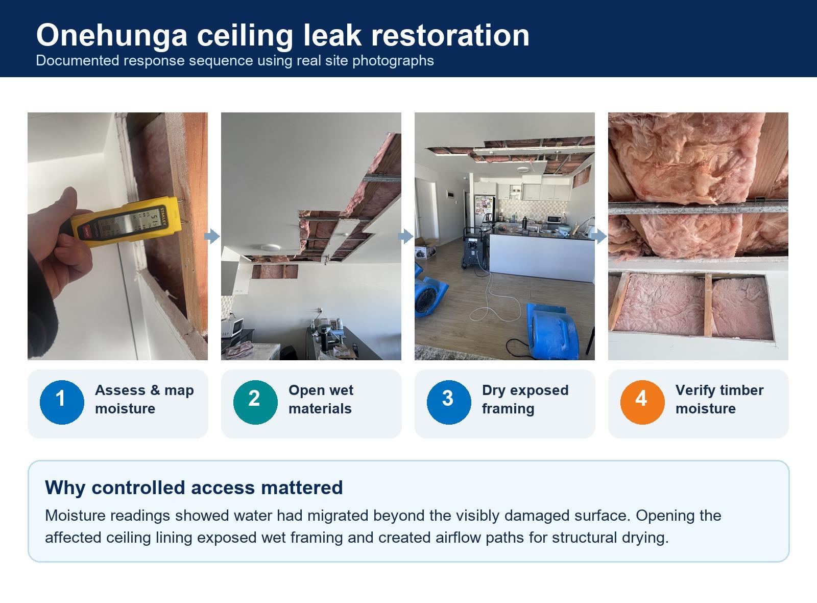 Photo infographic showing assessment, controlled ceiling opening, structural drying and moisture verification at the Onehunga ceiling leak