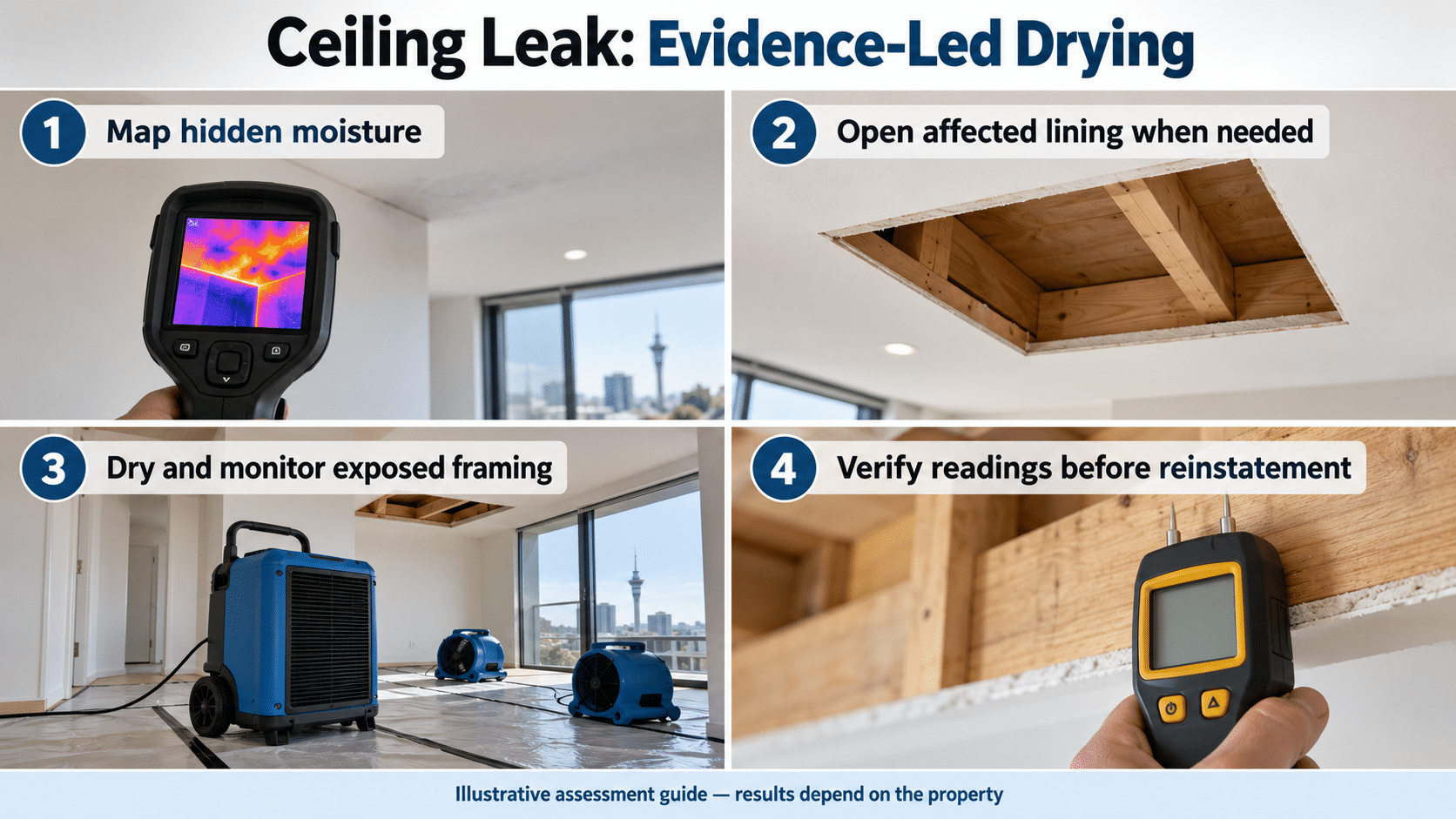 Illustrative ceiling-leak assessment guide showing hidden-moisture mapping, controlled lining access, monitored structural drying and verification before reinstatement
