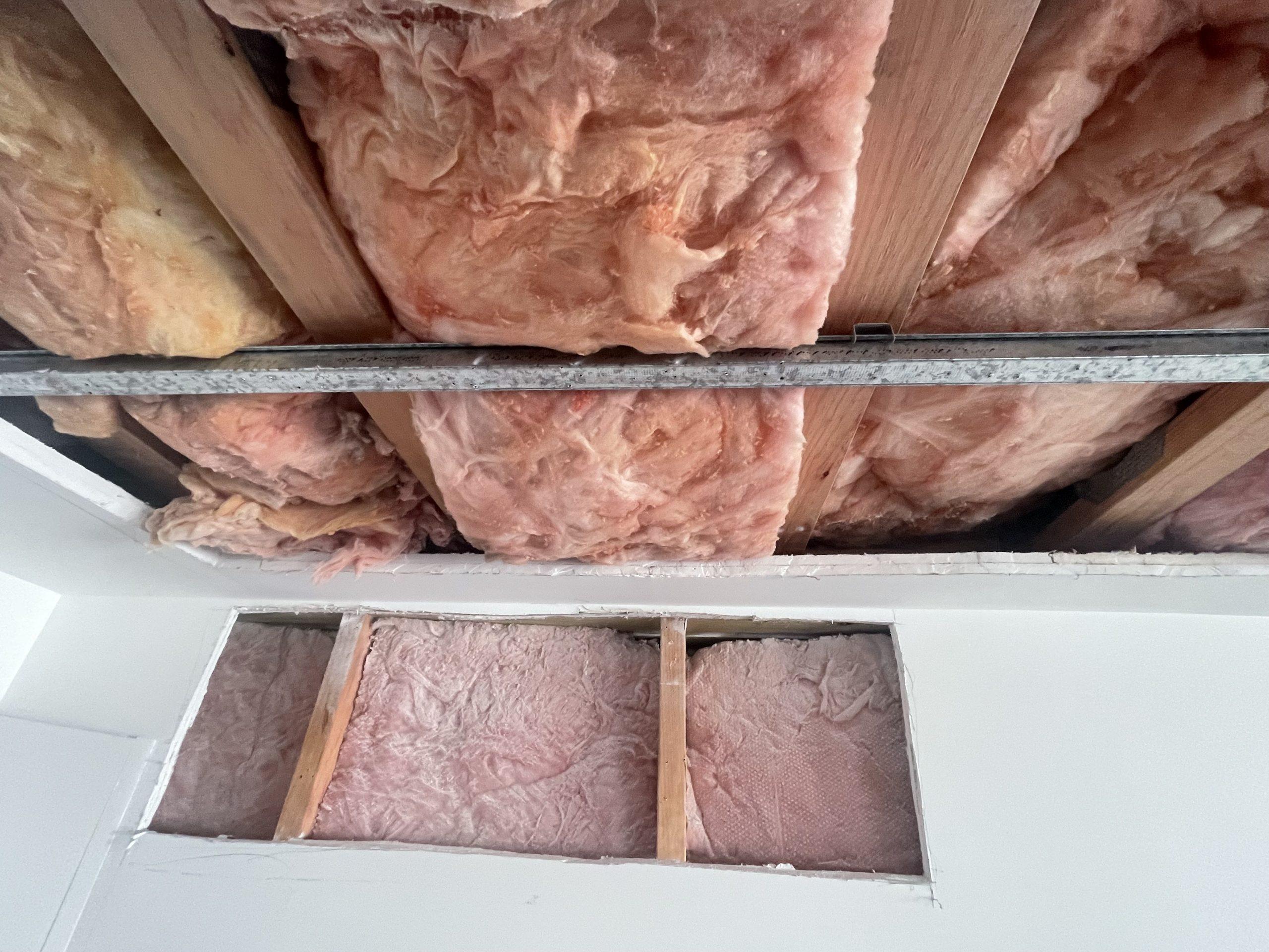 Exposed insulation and ceiling framing during a Onehunga water-damage restoration