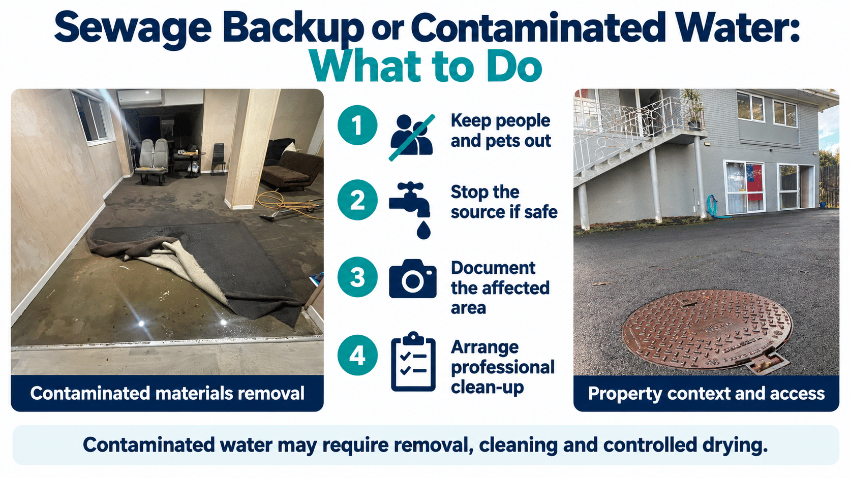 Sewage backup and contaminated water cleanup steps using real flood-restoration job photos in Auckland