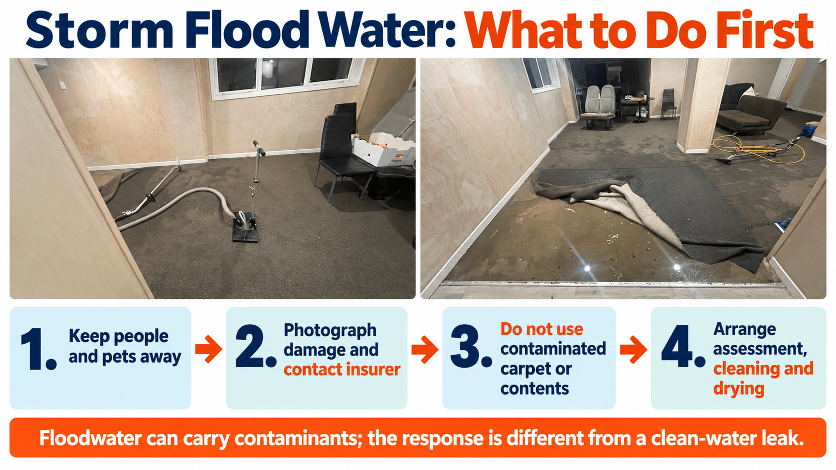 Storm floodwater cleanup action chart using real Auckland restoration photos