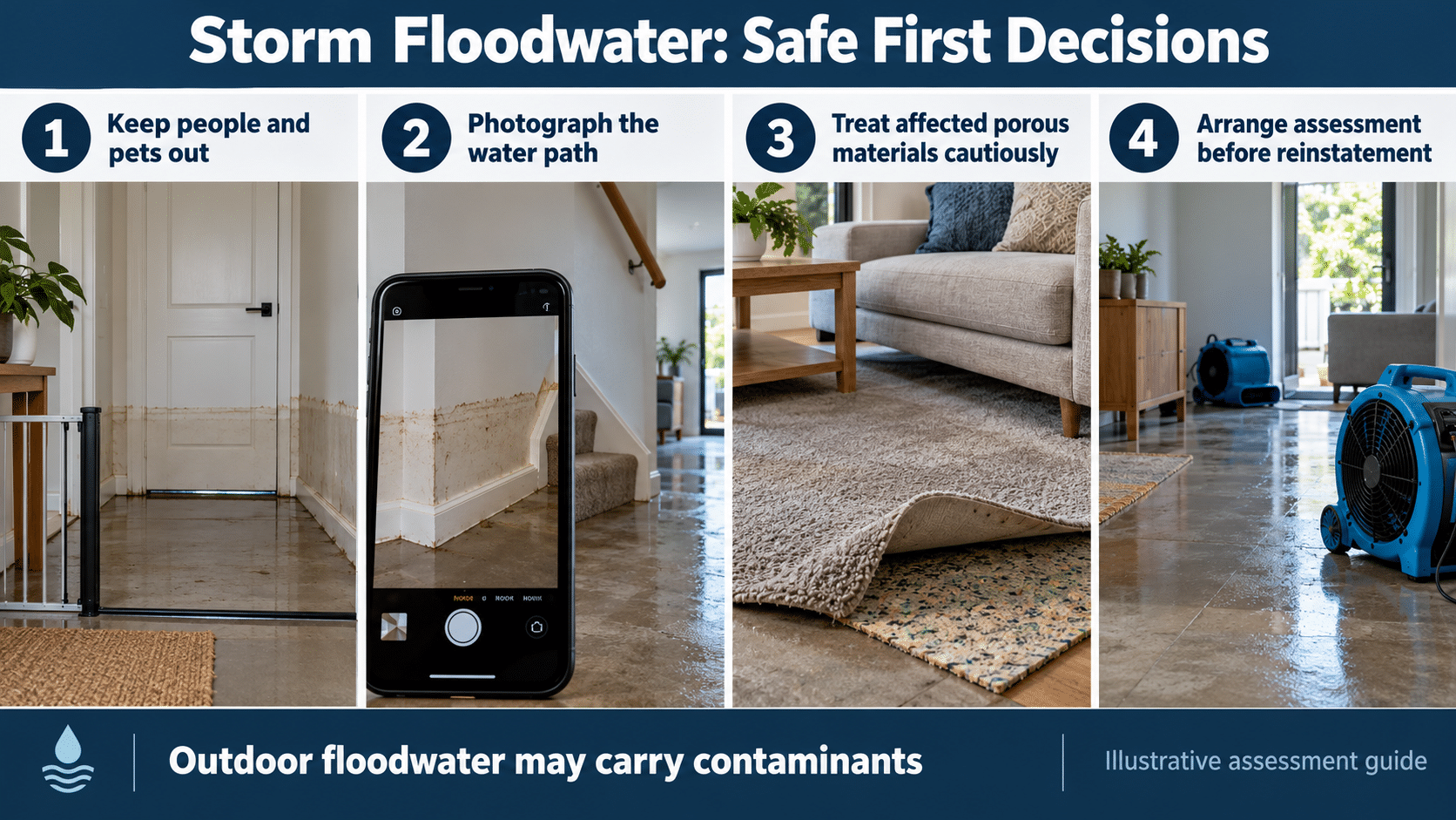 Illustrative storm-floodwater guide showing safe isolation, documentation of the water path, cautious handling of porous materials and assessment before reinstatement