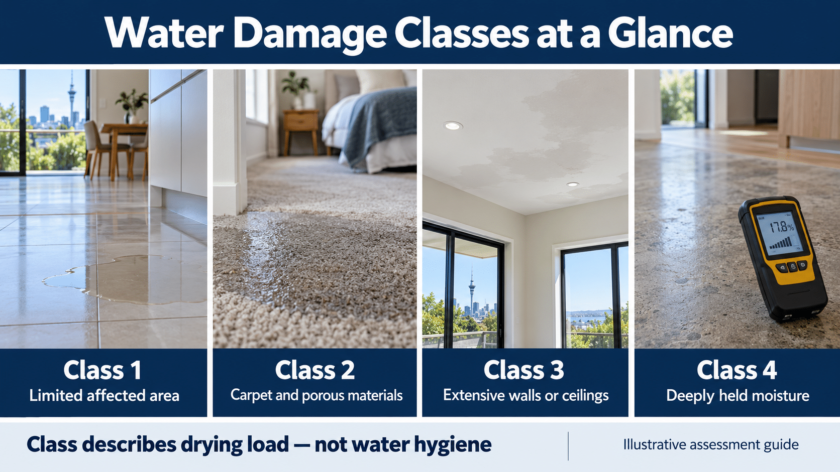 Illustrative guide to water-damage classes: limited affected area, carpet and porous materials, extensive wall or ceiling impact, and deeply held moisture
