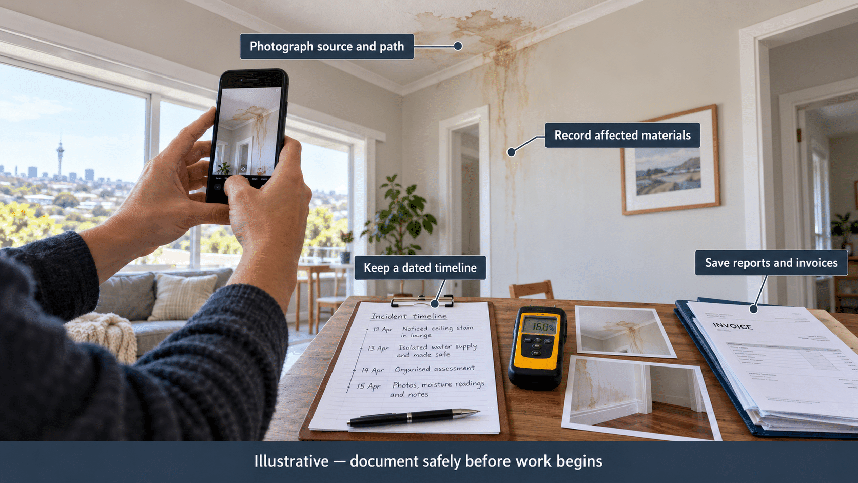 Illustrative guide to documenting a water-damage source, affected materials, dated timeline, reports and invoices before work begins