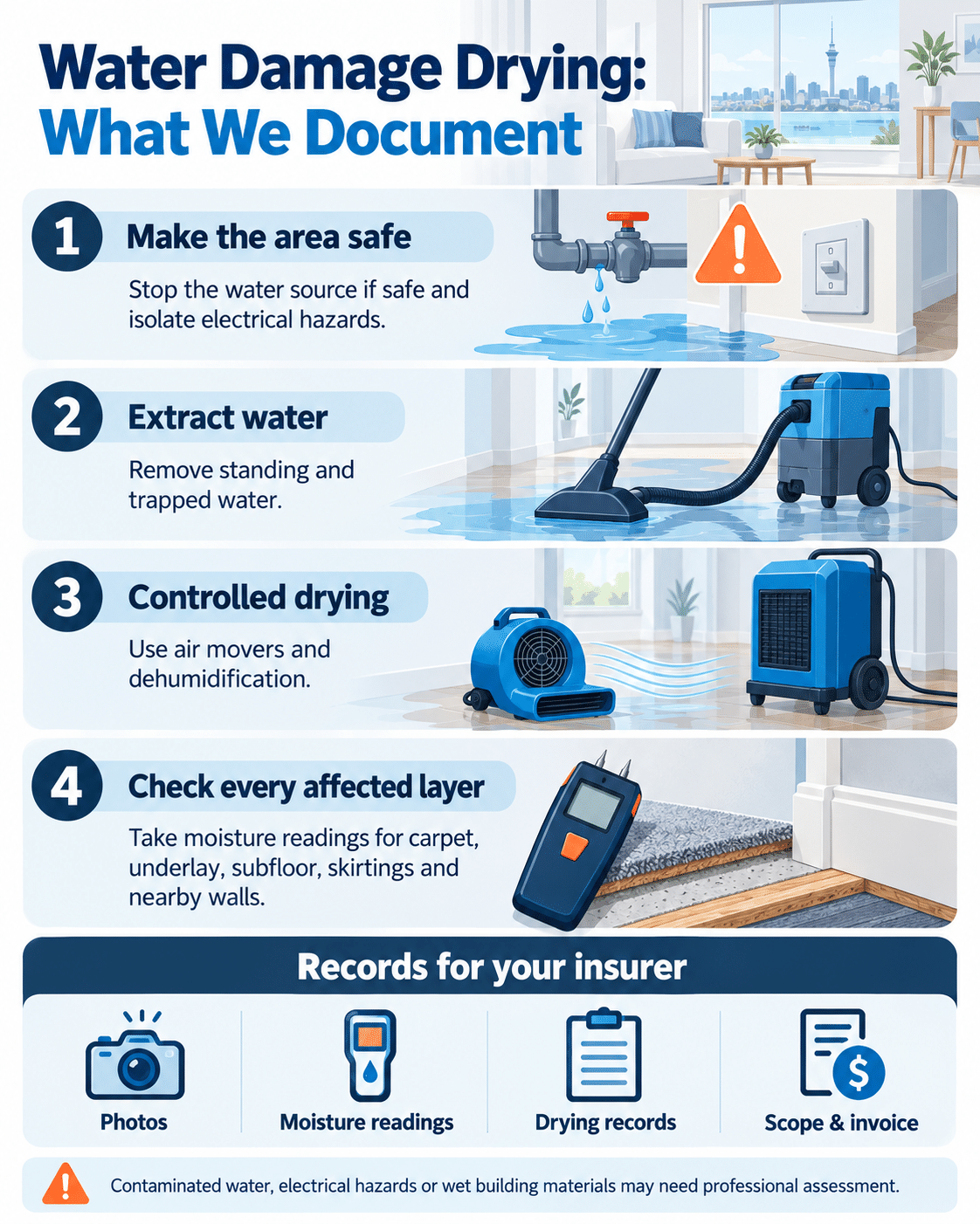 Water damage drying documentation workflow: make the area safe, extract water, carry out controlled drying, and check moisture in affected materials