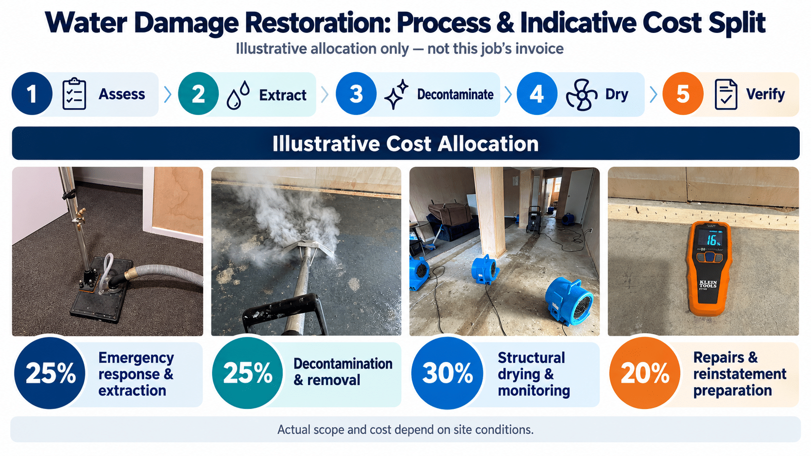 Infographic showing the five-step water damage restoration process and an illustrative cost allocation by restoration workstream