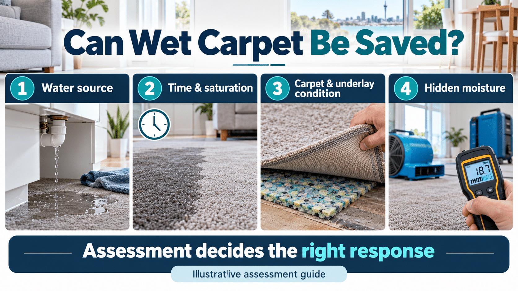 Illustrative guide to assessing whether wet carpet may be retained: water source, time and saturation, carpet and underlay condition, and hidden moisture