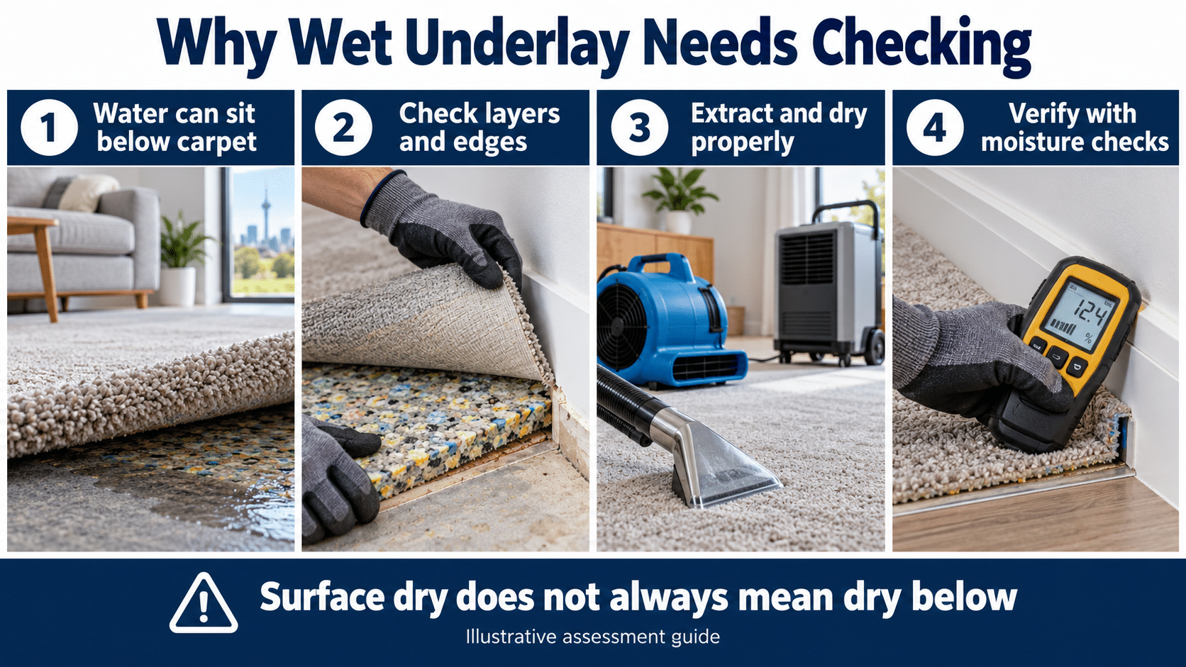 Illustrative guide to checking wet carpet underlay after a leak: moisture below carpet, layer and edge assessment, extraction and drying, and measured moisture verification