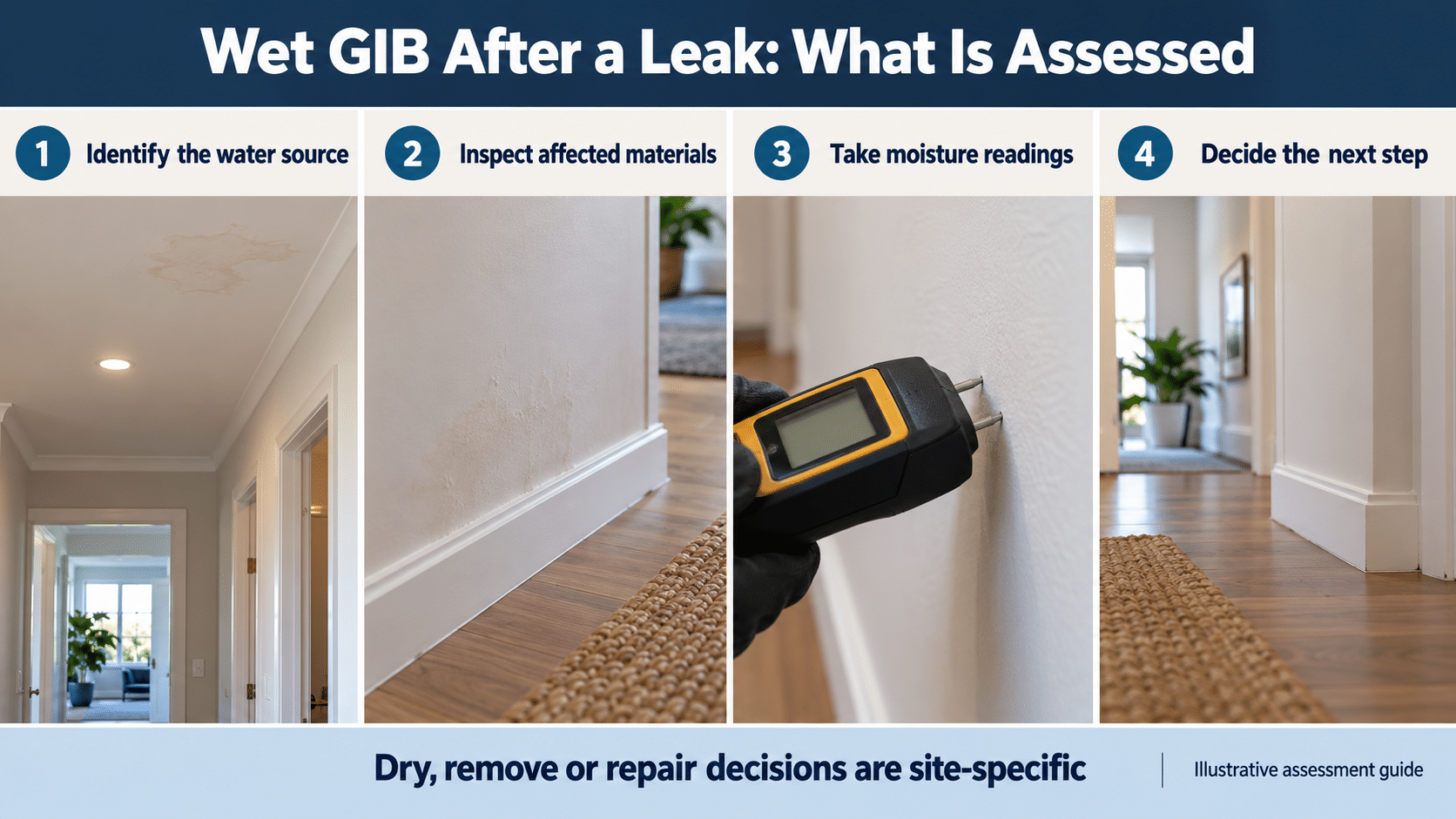 Illustrative assessment guide for wet GIB after a leak: identify the water source, inspect materials, take moisture readings and decide the next step